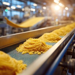 Golden pasta strands move along a factory conveyor belt, showcasing industrial food production