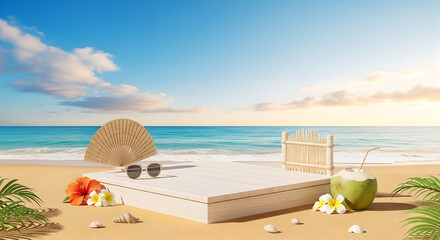 Obraz premium Tropical wooden podium on a sandy beach with a coconut drink and sunglasses