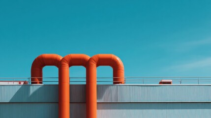Bold orange industrial pipes stand out against clear blue sky, showcasing minimalistic design and vibrant contrast. scene captures essence of industrial architecture with modern twist