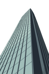 The facade of a modern skyscraper rises dramatically against a pale sky