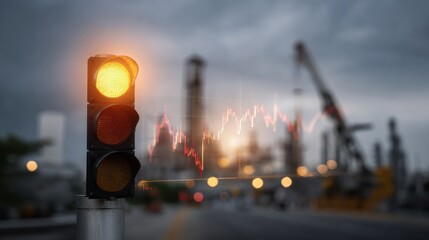 Traffic light with amber signal is in focus against blurred industrial background, featuring digital graph overlay symbolizing data analysis in smart factory setting