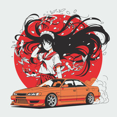 Anime girl with flowing hair and koi fish above a drift car.