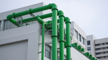 Naklejka premium Modern building with vivid green pipes creating eco friendly industrial aesthetic. pipes contrast against white facade, showcasing high fidelity design