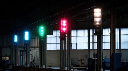 Row of signal tower lights in dimly lit industrial setting, featuring green, red, and white lights. lights are mounted on metal poles, indicating operational status in factory environment