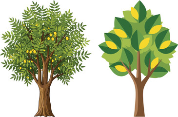 Naklejka premium Realistic fruit tree illustration, stylized abstract tree design, botanical artwork, green leaves, yellow fruits, nature drawing, comparison concept, educational plant art