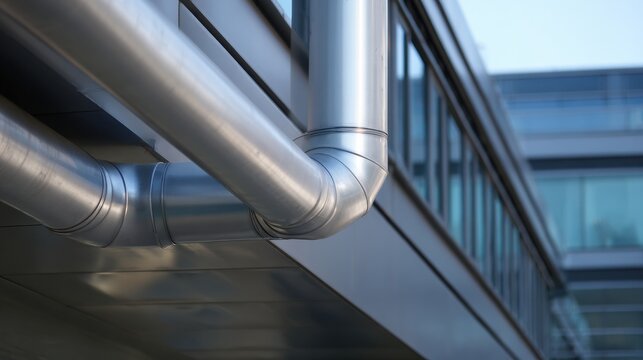 Shiny silver metallic pipes reflecting sunlight on modern building exterior, showcasing industrial design and architecture. smooth surface and sleek lines create futuristic appearance