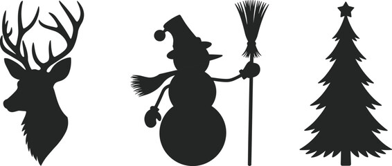 Winter holiday silhouettes of deer, snowman, and Christmas tree, festive vector icons, seasonal decoration elements, black graphic illustration, minimal design for celebration themes