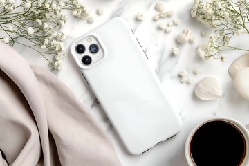 Flat lay of a blank white phone case on marble