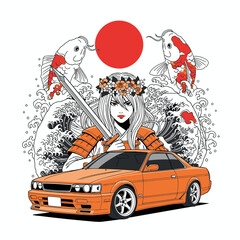 Japanese samurai woman with sword and flower crown, flanked by koi fish and a rising sun, with an orange classic car.