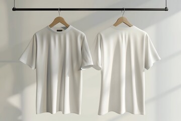 Two plain white t-shirts on hangers