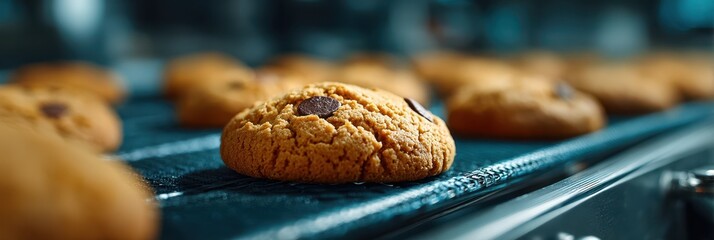 Freshly baked cookies cooling on a conveyor belt in a bakery during the afternoon shift