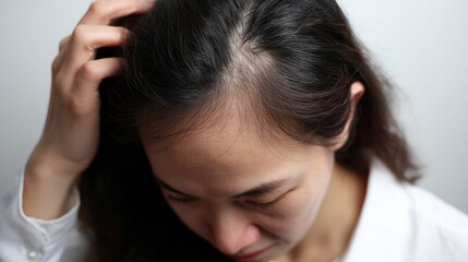 Fototapeta premium Woman with dark hair is examining her scalp, possibly checking for hair health or hair loss. She is wearing white shirt and appears to be in neutral setting. focus is on her head and hand