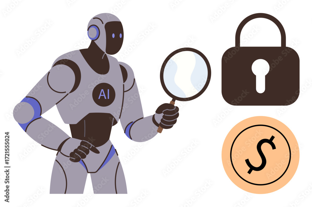 Poster advanced ai robot using magnifying glass, highlighting focus on cybersecurity and economic assessmen