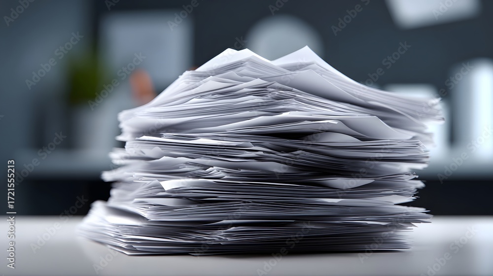 Poster a towering stack of paper documents, forms, and reports sitting on a cluttered desk in a busy office