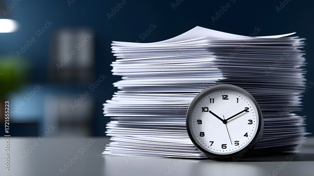 Poster a stack of documents and papers piled high on a desk, with a wall clock prominently displayed, sugge