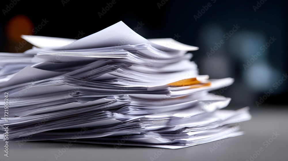 Poster a cluttered desk with a tall stack of various forms, reports, and documents, representing the admini
