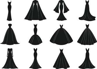 Set of elegant dress silhouettes, formal gown styles, fashion design elements, evening wear collection, vector template, neckline and sleeve variations, garment illustration grid