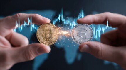 Two hands holding a Bitcoin and an Euro coin in front of a world map with a financial graph in the background.