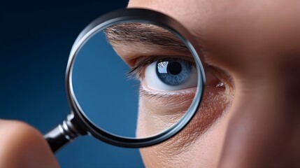 Detailed close-up view of a human eye being closely examined and observed through the of a magnifying glass, showcasing the intricate structure and details of the eye.