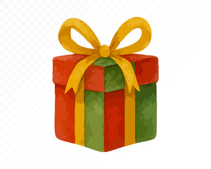 Watercolor Christmas gift box in red and green colors with large golden ribbon bow, festive wrapped present illustration for holiday winter celebration design. Vector illustration.