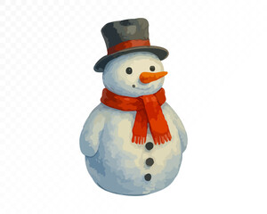 Watercolor snowman with black hat, red scarf, carrot nose and buttons, smiling cheerful winter holiday character for Christmas design. Vector illustration.