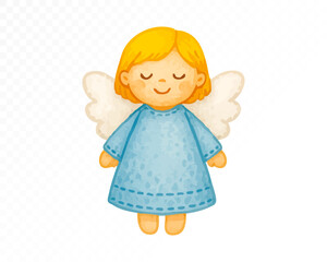 Watercolor Christmas angel doll with golden hair, white wings and soft blue stitched dress, cute handmade holiday decoration for festive winter design. Vector illustration.