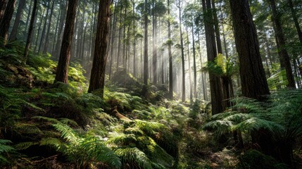Obraz premium Sunbeams stream through dense forest canopy, illuminating ferns in a lush, green setting