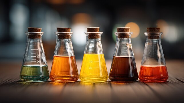 Five glass conical flasks with different colored liquids, standing on a wooden table with a blurred background.