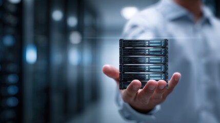 A man holding a stack of servers in a data center.