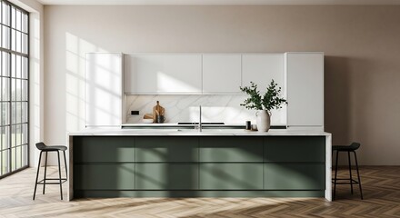 Contemporary forest green and white kitchen island with marble countertop, styled stools and vase, wide-angle interior photography for premium home design showcase