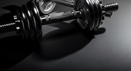 Naklejka premium Silver chrome dumbbells on dark slate surface, diagonal layout with wide negative space, dramatic fitness product photography for sports editorial and stock branding