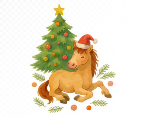 Watercolor Christmas illustration of a cute horse in red Santa hat sitting near decorated holiday tree with ornaments and golden star, cozy festive winter scene. Vector illustration.