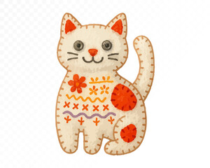 Fototapeta premium Watercolor felt cat toy with stitched floral and geometric embroidery patterns, handmade Christmas decoration in cozy rustic style, festive holiday art. Vector illustration.