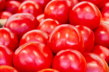 Close-up of many bright fresh tomatoes in a grocery store. Pyramid of juicy pink tomatoes in a crate