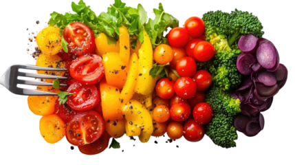 Vibrant culinary composition, an eye-level capture of a colorful array of fresh vegetables and greens artfully arranged. Isolated On Transparent and White Background
