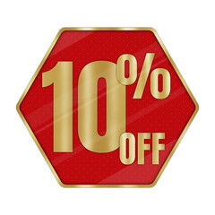 Shiny Gold 10% OFF Discount Label on Red Hexagon Badge Isolated on Transparent Background – Premium Sale Promotion Sign for Marketing and Advertising