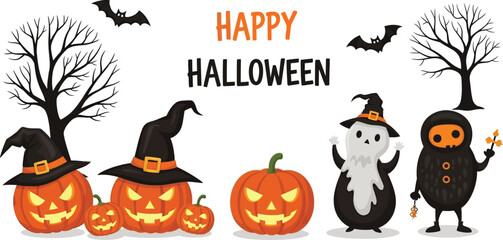 A halloween illustration with pumpkins, bats, trees, and spooky characters on a white background