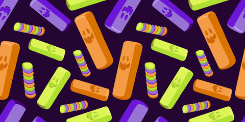 Flat vector seamless Halloween pattern with licorice candies on dark background. Perfect for wrapping paper, textiles, stationery, wallpapers