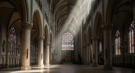 Fototapeta premium Grand Gothic Cathedral Interior with Sunlight Streaming Through Stained Glass Windows