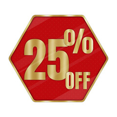 Shiny Gold 25% OFF Discount Label on Red Hexagon Badge Isolated on Transparent Background – Premium Sale Promotion Sign for Marketing and Advertising