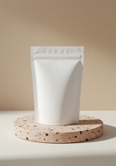 Matte white pouch on terrazzo surface with beige off-white background, editorial flat lay product photography for versatile branding