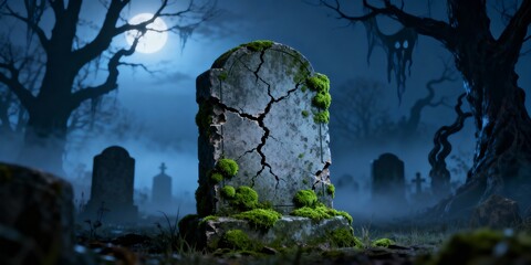3D Gravestone with Cracks and Moss, Spooky Halloween Graveyard at Twilight, Misty Moonlit Scene