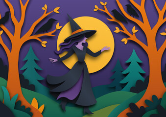 Witch in a Moonlit Forest – Paper-Cut Halloween Illustration