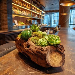 A wooden driftwood planter filled with various succulents sits on a rustic bar countertop, showcasing a warm, earthy color palette.