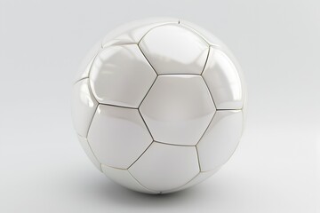 Fototapeta premium A perfectly round, glossy white soccer ball with gold seams sits on a plain white background