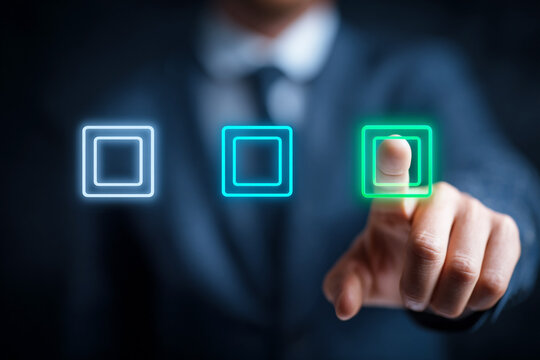 Businessman Interacting with Virtual Screen Featuring Color Icons - Powered by Adobe