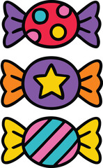 Three colorful wrapped candies with different patterns on white background candy sweet