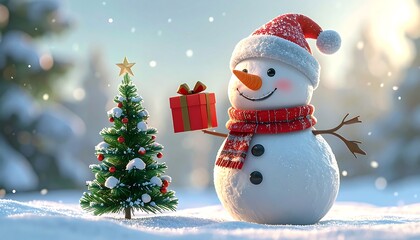 Snowman with gift and Christmas tree in snowy landscape