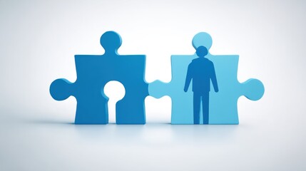 Obraz premium Two puzzle pieces, one with a hole, the other featuring a person, combined on a white backdrop