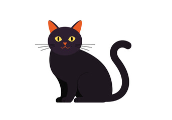 Flat vector black cat sitting with yellow eyes and orange ears  